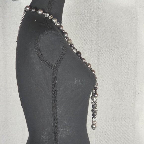 Chico's Gunmetal Filigree Crystal Ball Pewter Silver Faux Pearl 41" Necklace - Picture 11 of 16